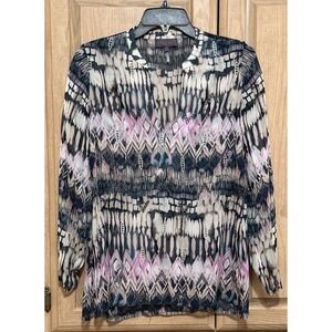 Hale Bob Sheer Blouse Tunic Top Women's Size XS V-Neck Abstract Metallic Print